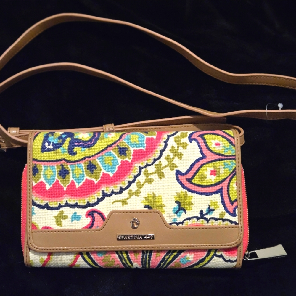 Spartina 449 Linen and Leather Floral Clutch Crossbody NWOT 8"×5"